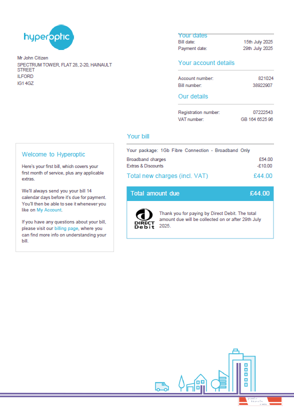 Slovakia Hyperoptic utility bill template in Word and PDF formats